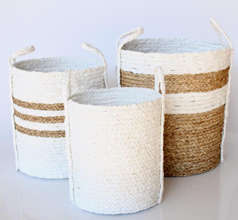 Set Of 3 Natural & White Assorted Baskets